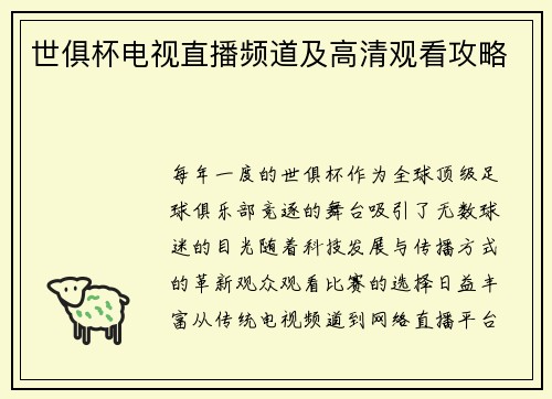 世俱杯电视直播频道及高清观看攻略