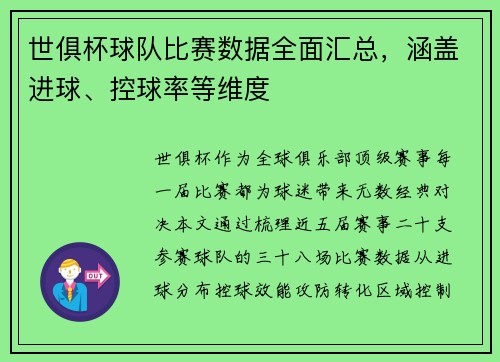 世俱杯球队比赛数据全面汇总，涵盖进球、控球率等维度