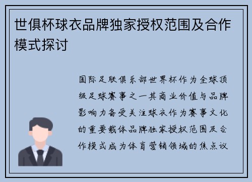世俱杯球衣品牌独家授权范围及合作模式探讨